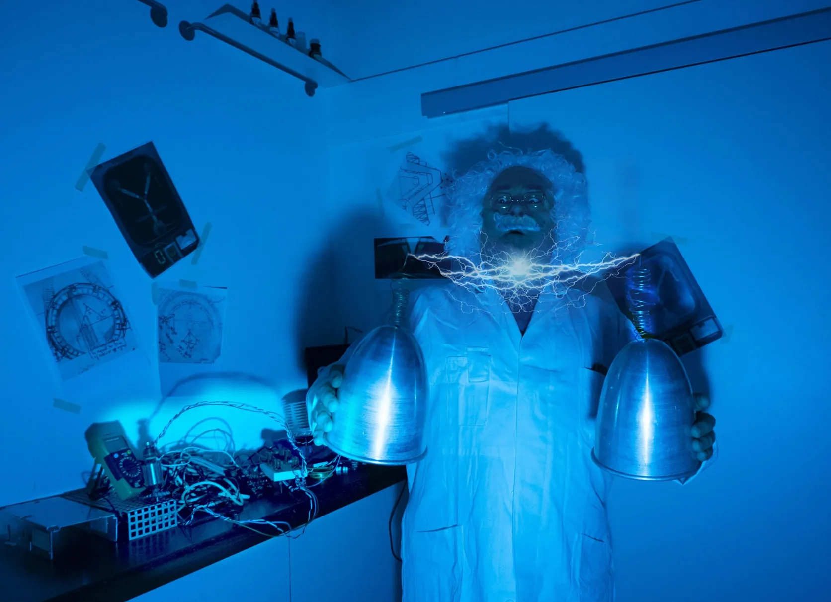 Professor mit Blitzen im Labor des Escape Rooms Alien Invasion