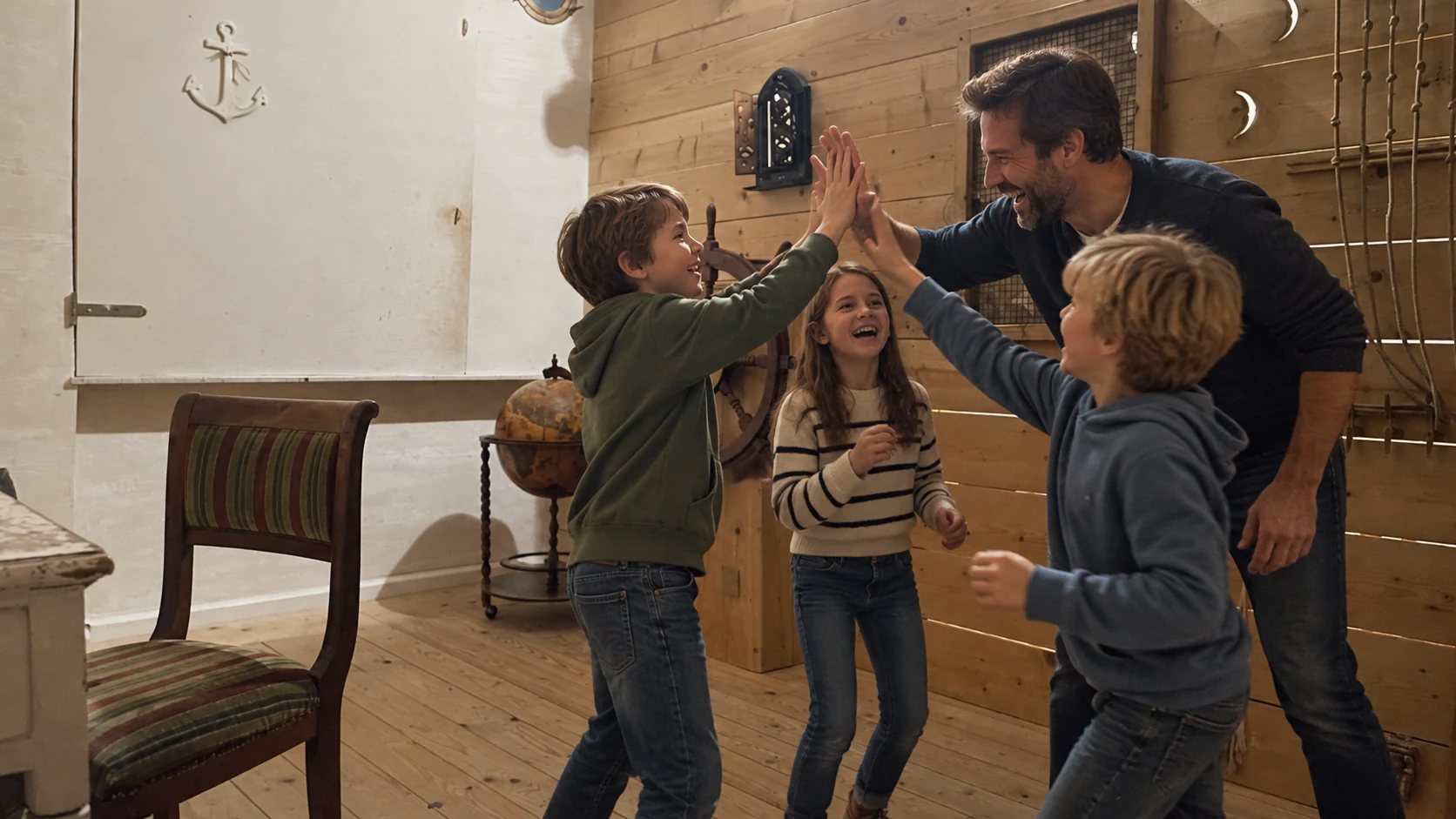 Children and a father celebrate a shared success in the ship room