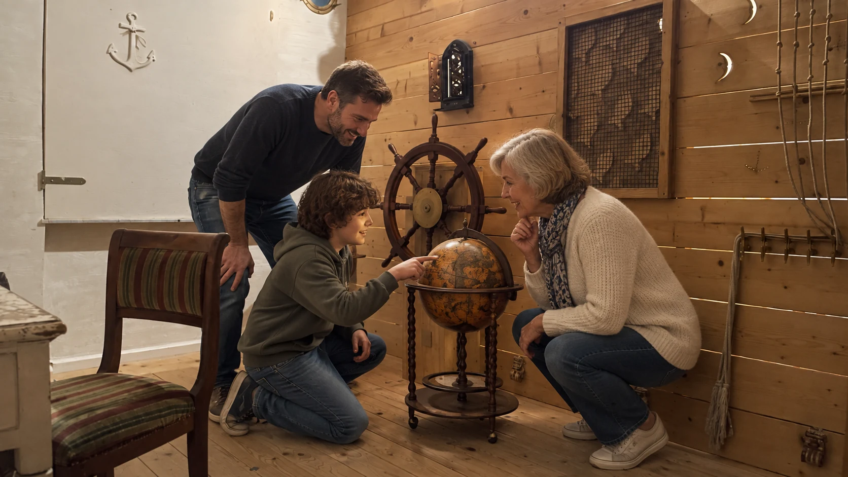 Three generations explore the ship room together