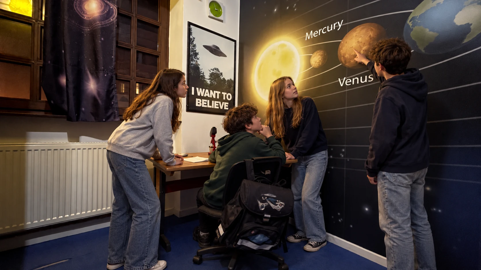 Schülergruppe kombiniert gemeinsam Hinweise in Alien Invasion
