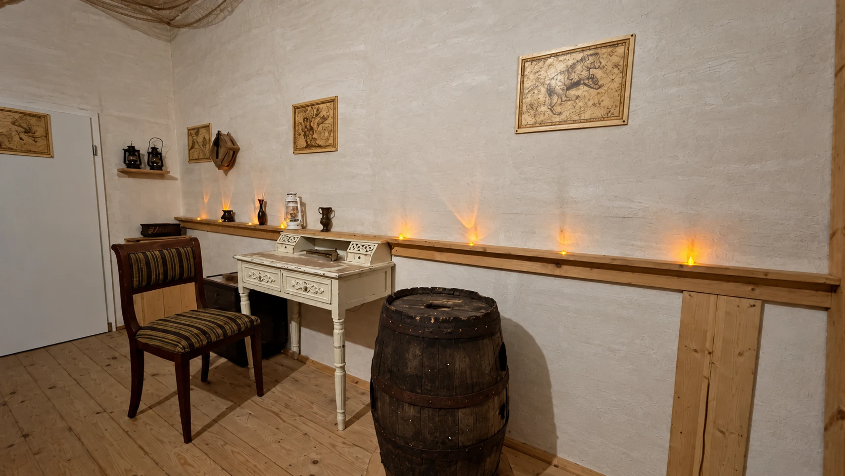Schreibtisch, Fass und Karten im Raum